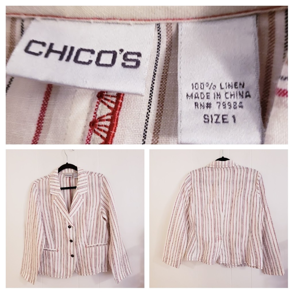 Chico's Women Blazer Jacket Size 1 Ivory Tan Red Striped 3 Button Pockets